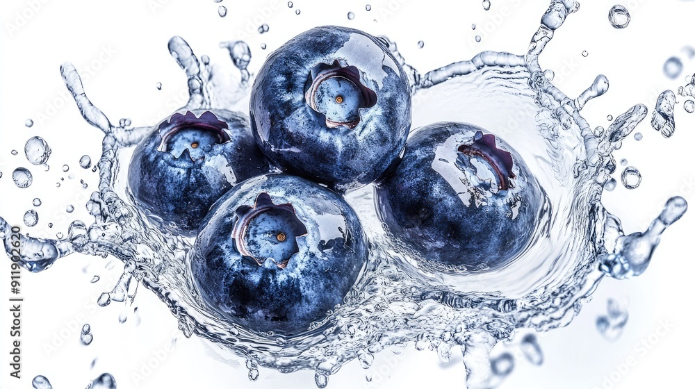 custom made wallpaper toronto digitalA handful of fresh blueberries surrounded by splashes of water, isolated on a white background, with high-resolution detail. Generative.