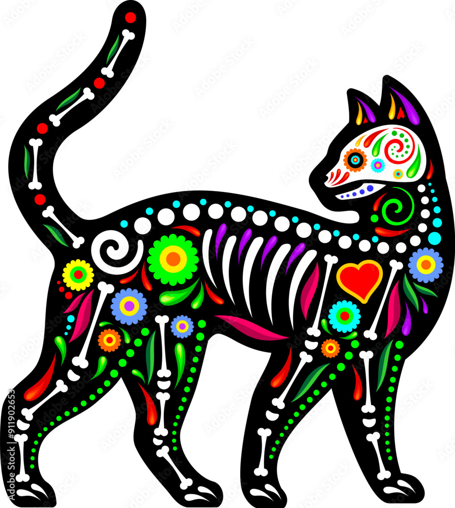 Mexican cat animal tattoo with skull and skeleton bones in floral ...