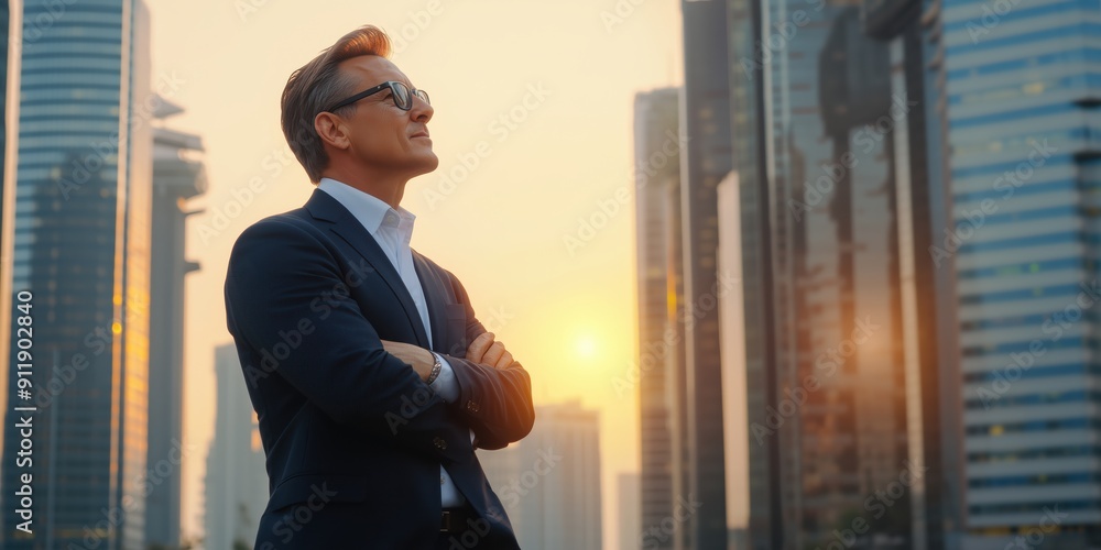 Happy wealthy rich successful business man standing in big city modern skyscrapers street on sunset thinking of successful future vision, dreaming of new investment opportunities. Happy wealthy rich successful business man standing in big city modern skyscrapers street on sunset thinking of successful future vision, dreaming of new investment opportunities.