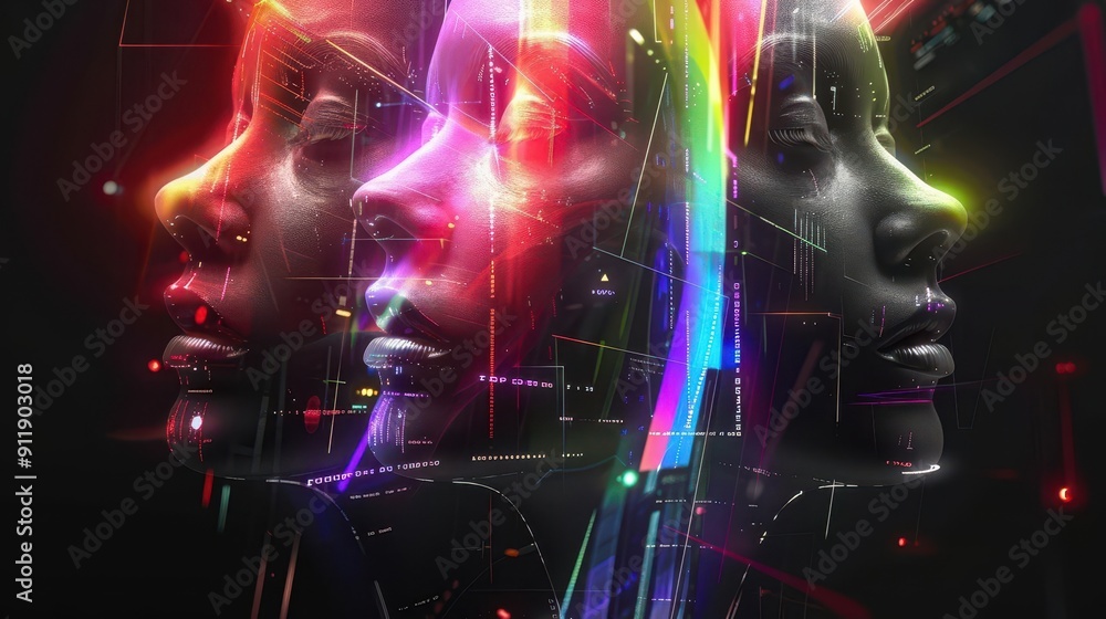 Abstract faces with rainbow holographic lights in tech lab, top view, illustrating innovative digital designs, futuristic tone, Complementary color scheme Abstract faces with rainbow holographic lights in tech lab, top view, illustrating innovative digital designs, futuristic tone, Complementary color scheme