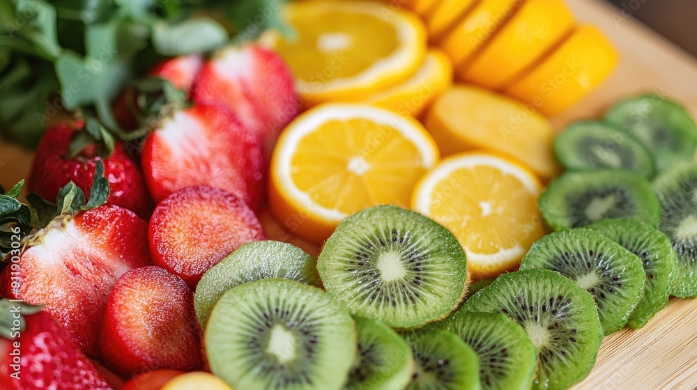 An overhead view of a colorful mix of sliced fruits and vegetables on a cutting board, ready for a healthy meal prep. An overhead view of a colorful mix of sliced fruits and vegetables on a cutting board, ready for a healthy meal prep.
