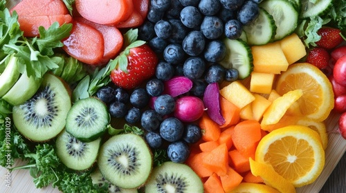 An overhead view of a colorful mix of sliced fruits and vegetables on a cutting board, ready for a healthy meal prep.