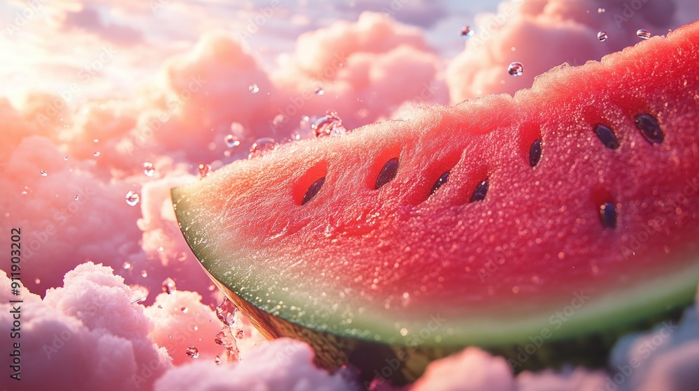 Close-up of a watermelon slice in the sky, with juice droplets falling, surrounded by fluffy clouds. Hyper-realistic and vibrant. Close-up of a watermelon slice in the sky, with juice droplets falling, surrounded by fluffy clouds. Hyper-realistic and vibrant.