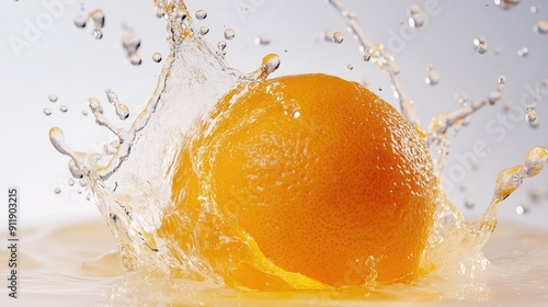 Close-up of an orange with juice splashing around it, captured in a high-resolution image on a white background. photo