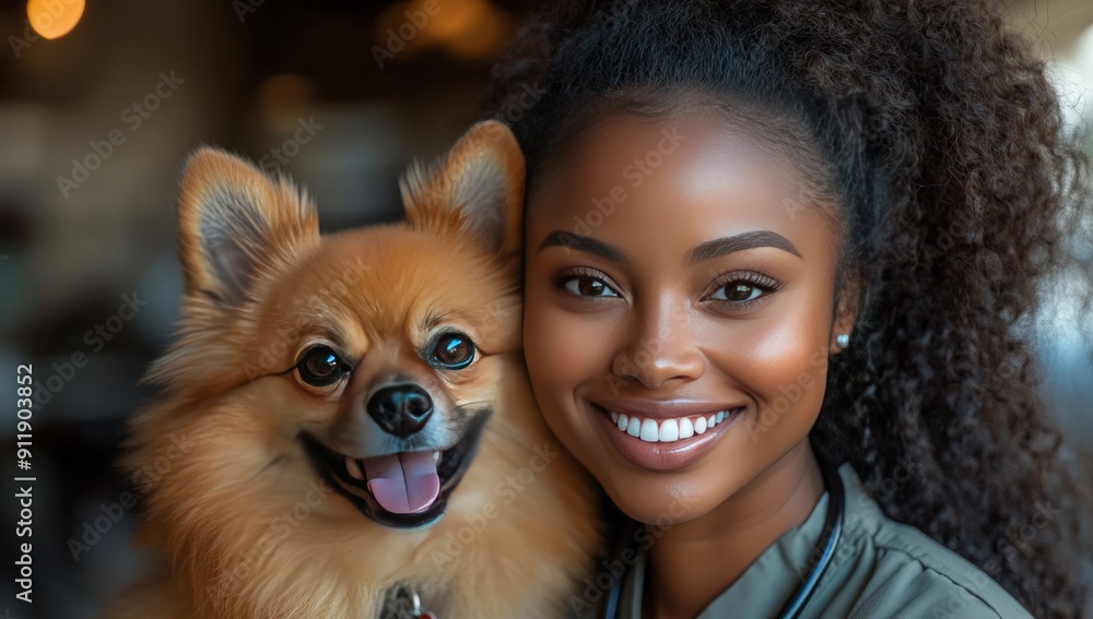 A close-up portrait of a woman with brown skin and a big smile, holding a cute brown dog. A close-up portrait of a woman with brown skin and a big smile, holding a cute brown dog.