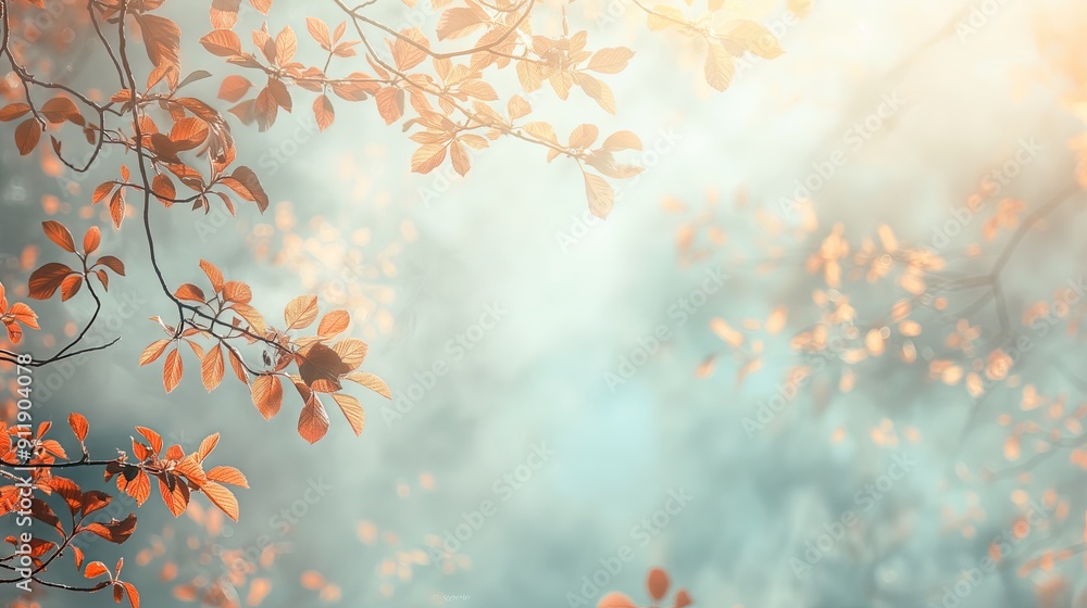 Serene Autumn Foliage in Soft Foggy Blurred Background with Copy space for Text - Perfect for Seasonal Designs and Nature-Themed Projects Serene Autumn Foliage in Soft Foggy Blurred Background with Copy space for Text - Perfect for Seasonal Designs and Nature-Themed Projects