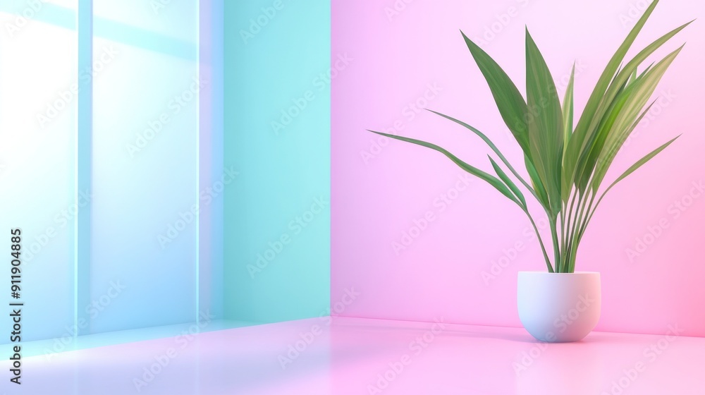 Minimalist plant in a white pot against a pastel pink and blue wall. Minimalist plant in a white pot against a pastel pink and blue wall.
