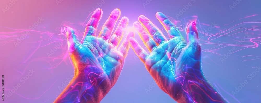 Hands with neon glow creating holographic projections, front view, illustrating hightech holographic advancements, scifi tone, colored pastel Hands with neon glow creating holographic projections, front view, illustrating hightech holographic advancements, scifi tone, colored pastel