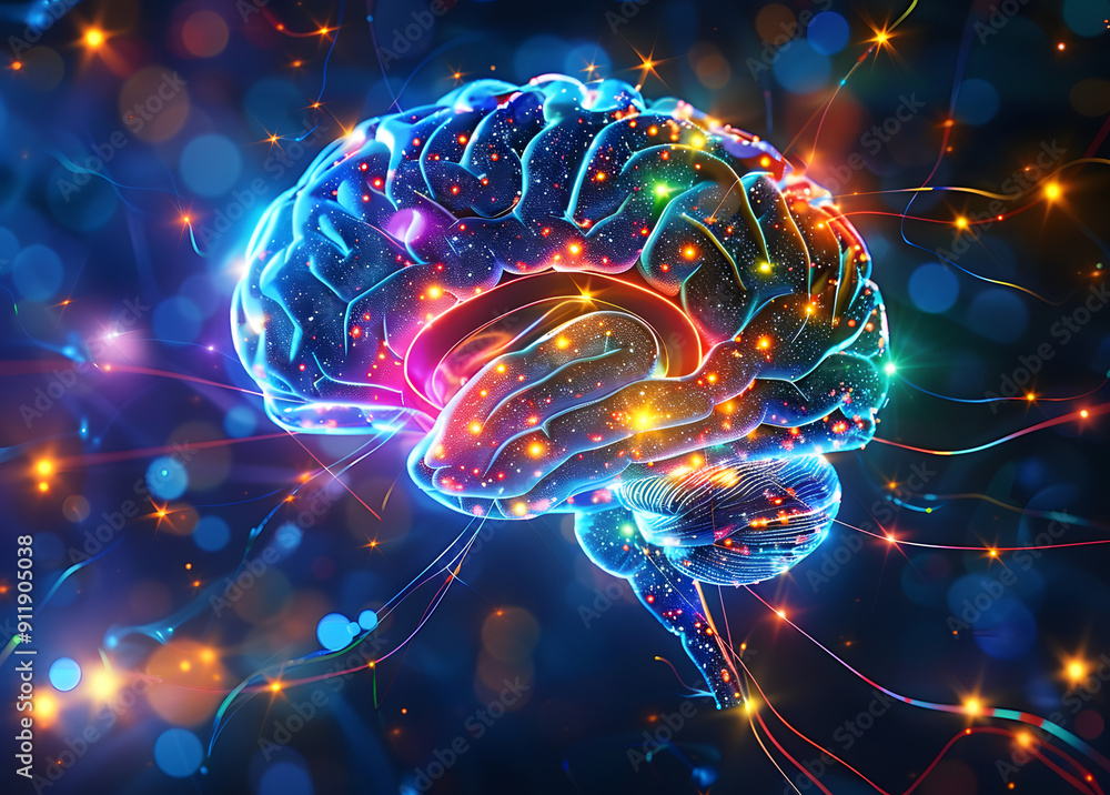 Colorful abstract brain scan x-ray image on a dark blue background with glowing neural connections and circuitry, ideal for medical and technology concepts. Colorful abstract brain scan x-ray image on a dark blue background with glowing neural connections and circuitry, ideal for medical and technology concepts.