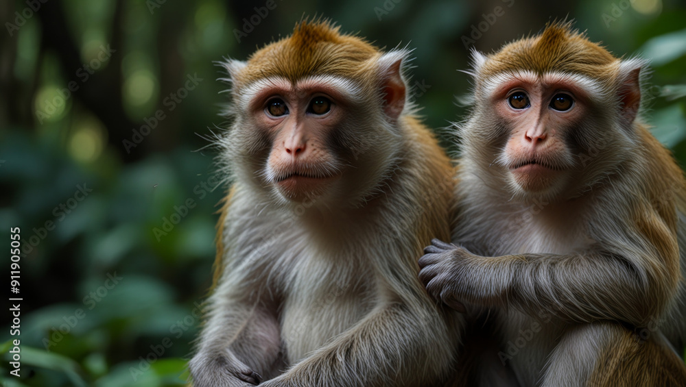 Naklejka premium a monkey is sitting on a mossy tree in the morning