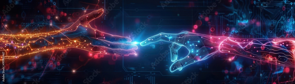 Neon glowing hands interacting with holographic elements, side view, showcasing futuristic tech design, advanced tone, vivid Neon glowing hands interacting with holographic elements, side view, showcasing futuristic tech design, advanced tone, vivid