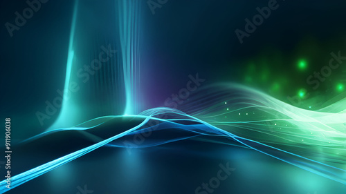Abstract blue and green wave background with stars and light. Data transfer concept Science style wallpaper. Ai generative