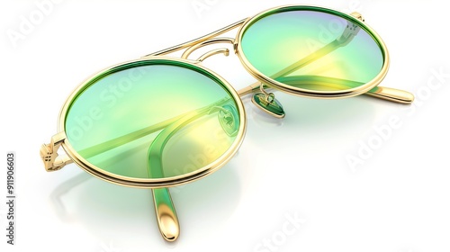 Round sunglasses with green tinted lenses and gold rims. photo