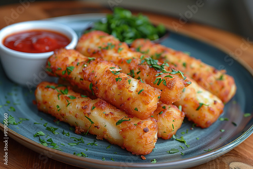 fresh delicious mozzarella cheese sticks with side of sauce for ad display