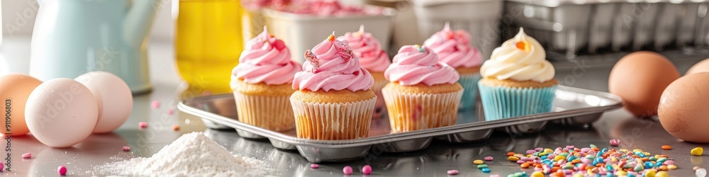 Pastel buttercream cupcakes with colorful jelly and chocolate flakes on baking tray in home kitchen Ingredients such as flour sugar eggs and decorating candy icing displayed on table Select Pastel buttercream cupcakes with colorful jelly and chocolate flakes on baking tray in home kitchen Ingredients such as flour sugar eggs and decorating candy icing displayed on table Select
