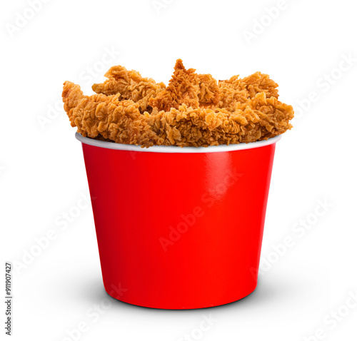 Fried Chicken hot crispy strips crunchy pieces of tenders in a Bucket - large Red box isolated in white background	
 photo