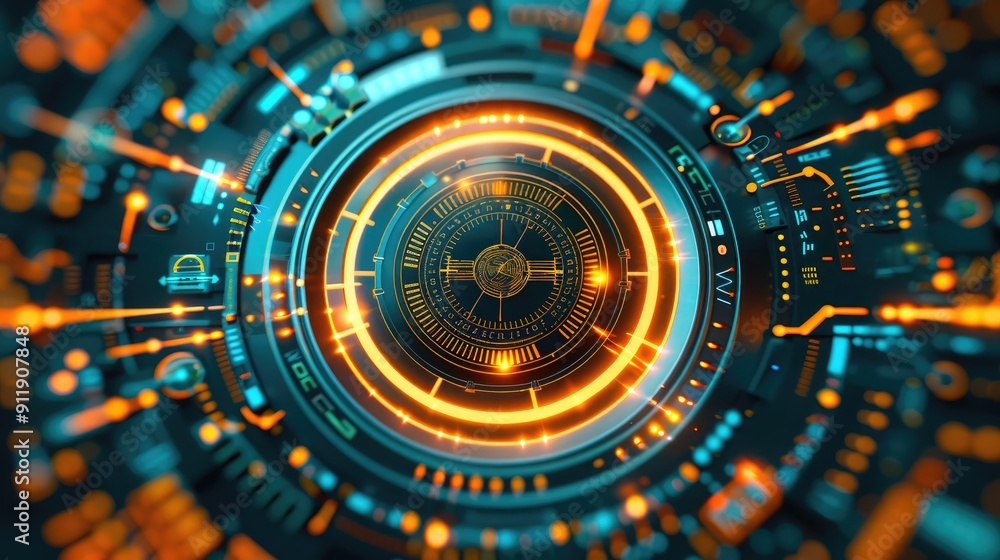 Futuristic digital interface with glowing orange and blue elements, resembling a high-tech data network or artificial intelligence concept. Futuristic digital interface with glowing orange and blue elements, resembling a high-tech data network or artificial intelligence concept.