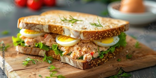 Wallpaper Mural Tuna paste and egg sandwich on a wooden board Selective focus Torontodigital.ca