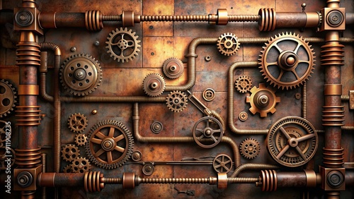 Industrial steampunk background with gears, pipes, and rustic metal textures, steampunk, industrial, background, gears