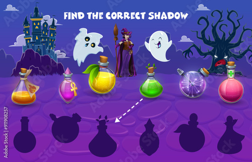 Find the correct shadow of Halloween witch potion bottles. Kids vector matching game worksheet with cartoon concoction flasks, hag and ghosts at night landscape with haunted castle and tree monster