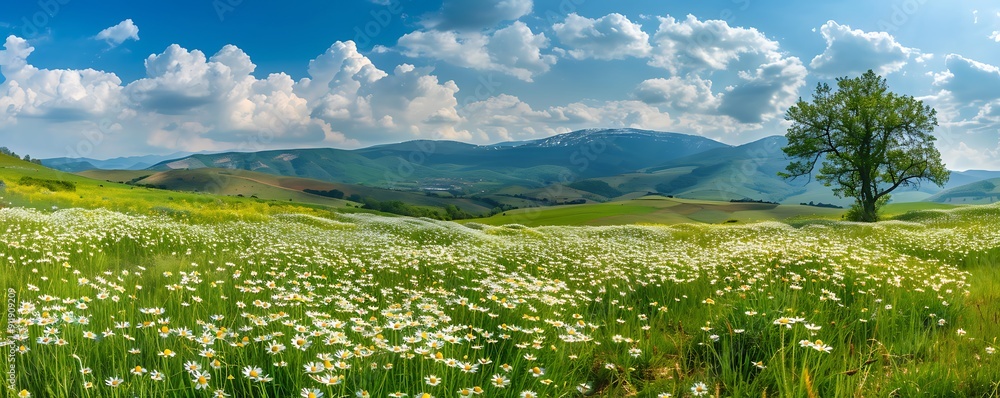 Fototapeta premium Panoramic Countryside with Blooming Field of Daisies