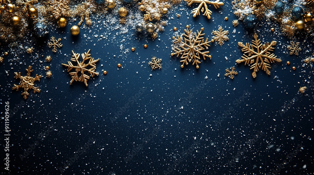 Golden Snowflakes and Decorations on a Blue Background Golden Snowflakes and Decorations on a Blue Background