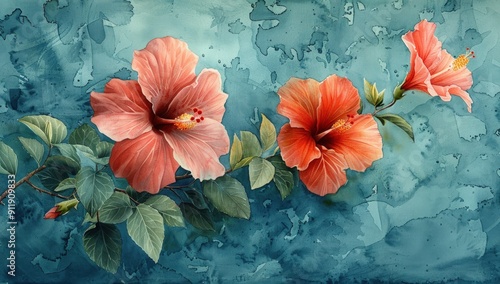 Wallpaper Mural Vibrant Hibiscus Flowers on a Watercolor Background. Torontodigital.ca