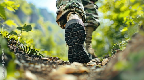 Close-up of a person walking through a forest path wearing camouflage pants and boots, surrounded by green foliage and natural scenery.