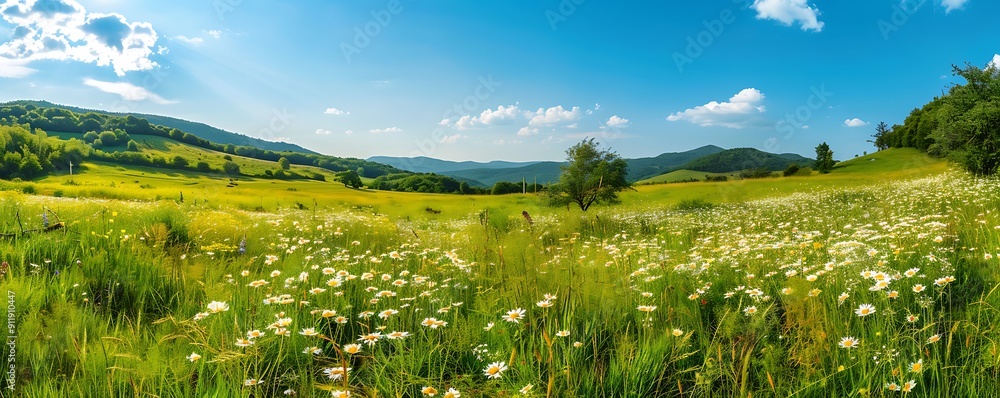 Fototapeta premium Daisies in Bloom in Hilly Countryside Landscape