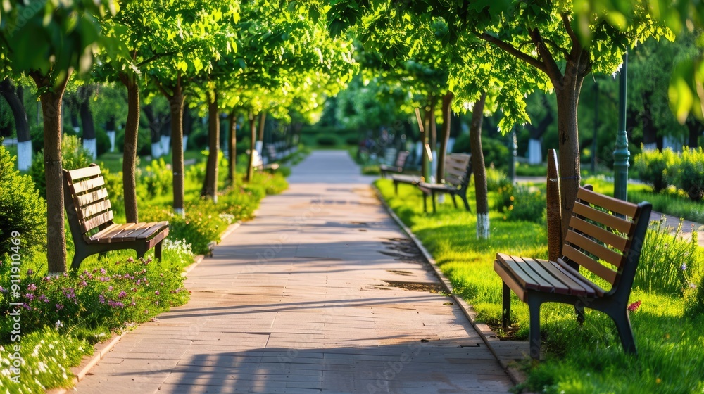 Peaceful park walkway lined with trees and benches under sunlight, ideal for relaxation and tranquility in a natural green environment. Peaceful park walkway lined with trees and benches under sunlight, ideal for relaxation and tranquility in a natural green environment.