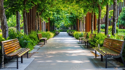 Scenic park pathway lined with trees and benches, inviting a peaceful and relaxing stroll under the beautiful green canopy.