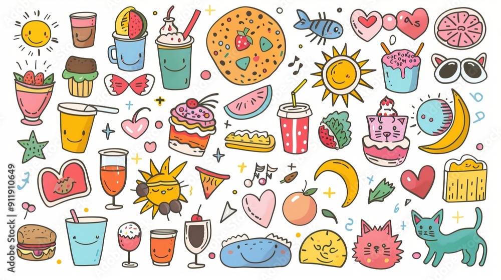Colorful hand-drawn items with food and drink smiles Colorful hand-drawn items with food and drink smiles