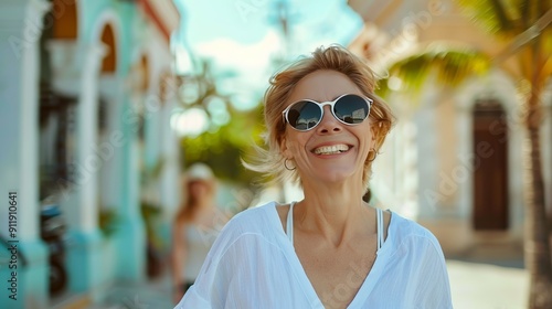 Smiling woman in white shirt enjoying a sunny day.