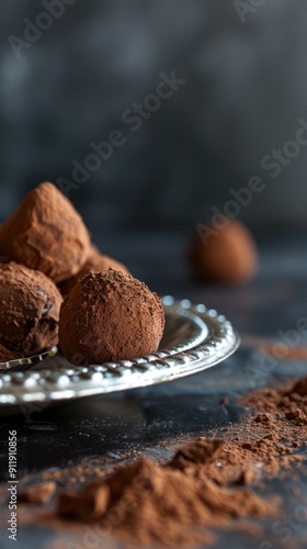 Chocolate truffles dusted with cocoa powder on a silver plate.