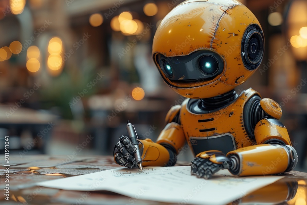 A blue robot sits at a table with a pen in its hand writing on a piece of paper. A blue robot sits at a table with a pen in its hand writing on a piece of paper.