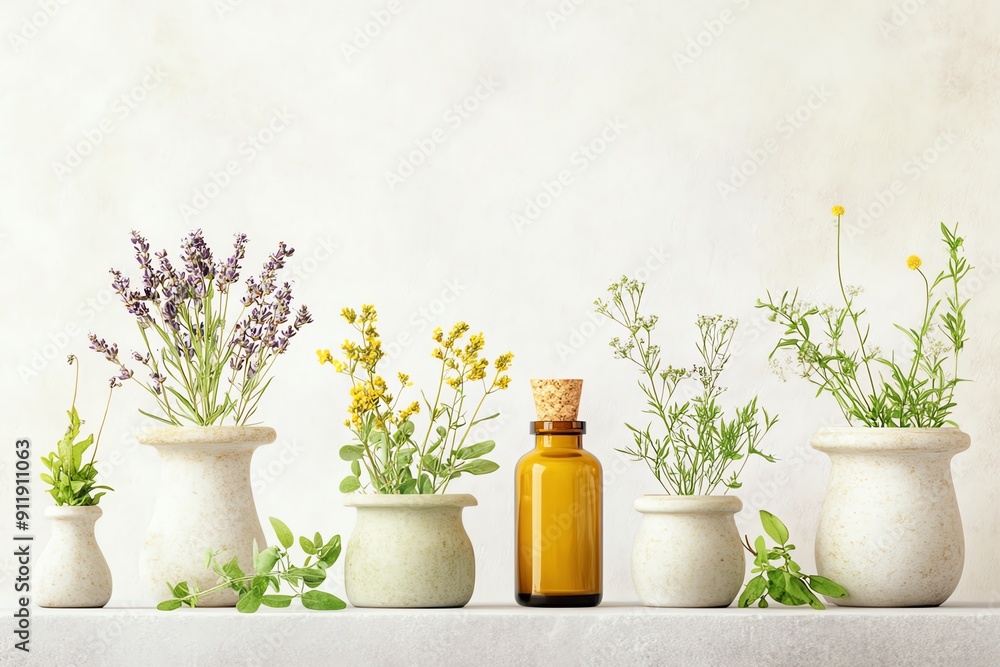 A collection of botanical illustrations of various herbs, arranged on a table A collection of botanical illustrations of various herbs, arranged on a table