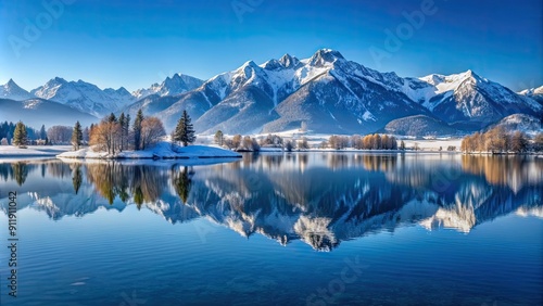 Fototapeta Naklejka Na Ścianę i Meble -  Winter landscape with snow-covered mountains reflecting in a tranquil lake at Forggensee , Winter, landscape, mountains