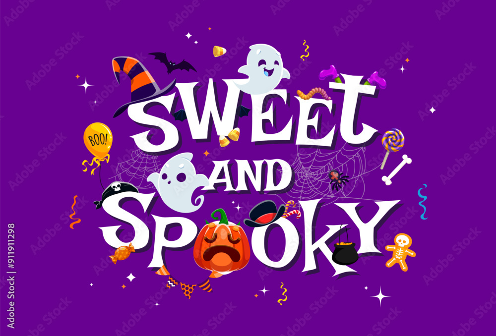 Sweet and Spooky Halloween banner with cute kawaii ghost characters and holiday candies, vector background. Halloween horror night and trick or treat cartoon spooky boo ghosts with pumpkin in cobweb Sweet and Spooky Halloween banner with cute kawaii ghost characters and holiday candies, vector background. Halloween horror night and trick or treat cartoon spooky boo ghosts with pumpkin in cobweb