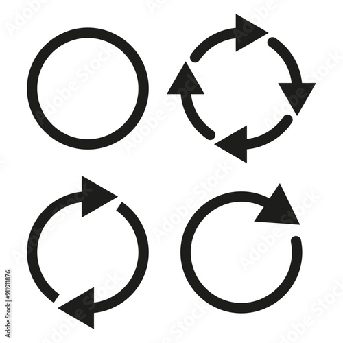 Circular arrow icons. Black simple circles. Rotation symbols. Vector graphic.