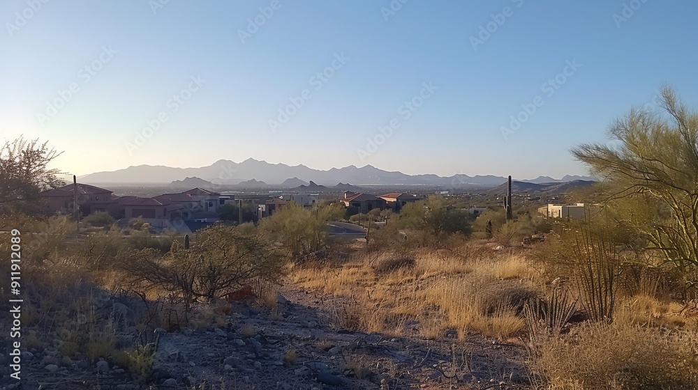 Vast desert landscape with distant mountains at sunset Vast desert landscape with distant mountains at sunset