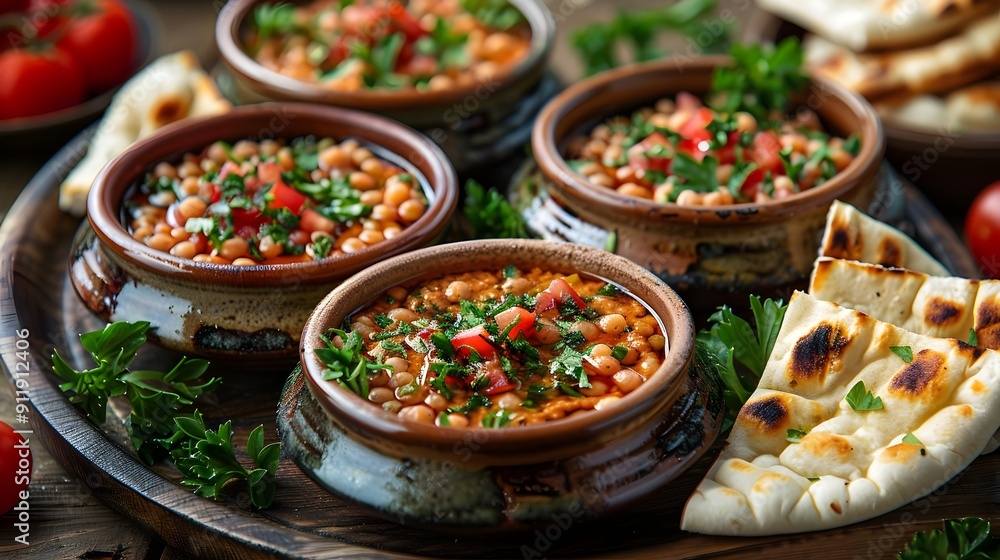 Obraz premium Four bowls of food with a side of bread