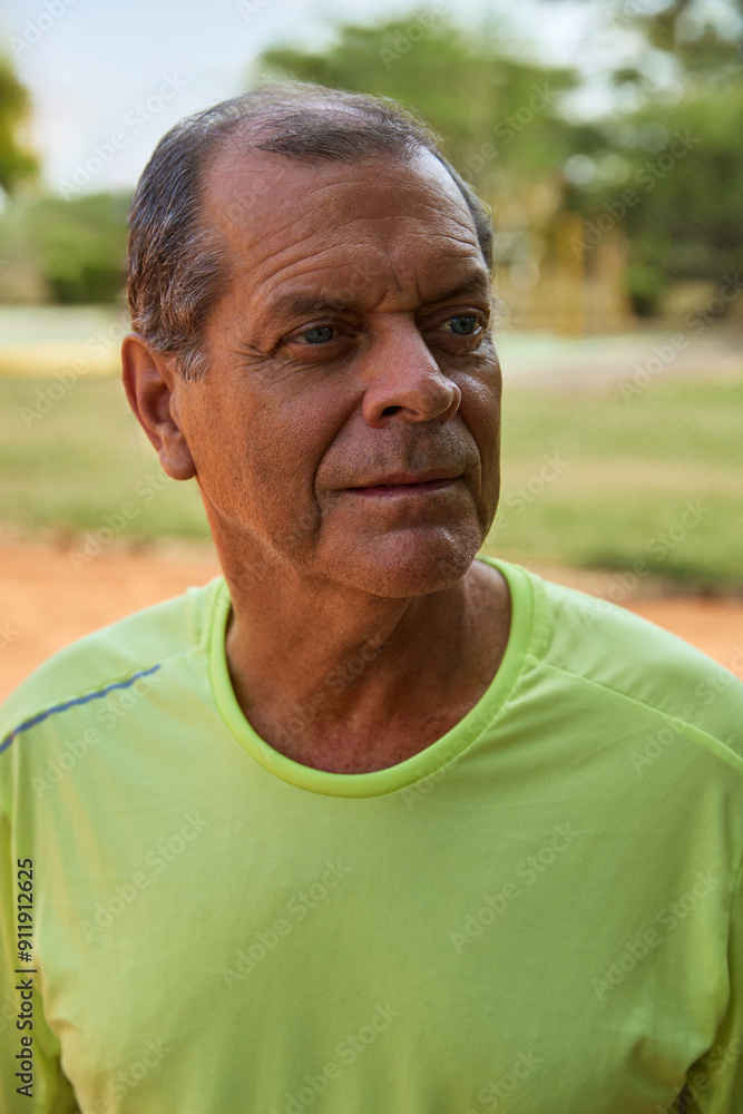 Elderly man in a sporty t-shirt enjoying a sunny day Elderly man in a sporty t-shirt enjoying a sunny day