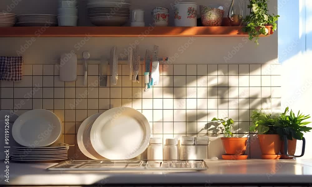 Sunlit Kitchen with Clean Dishes and Herbs with ai generated.
Sunlit Kitchen with Clean Dishes and Herbs with ai generated.