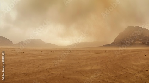 Dry desert expanse with mountains and dusty sky view photo