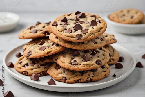 Stack of Chocolate Chip Cookies on a White Plate