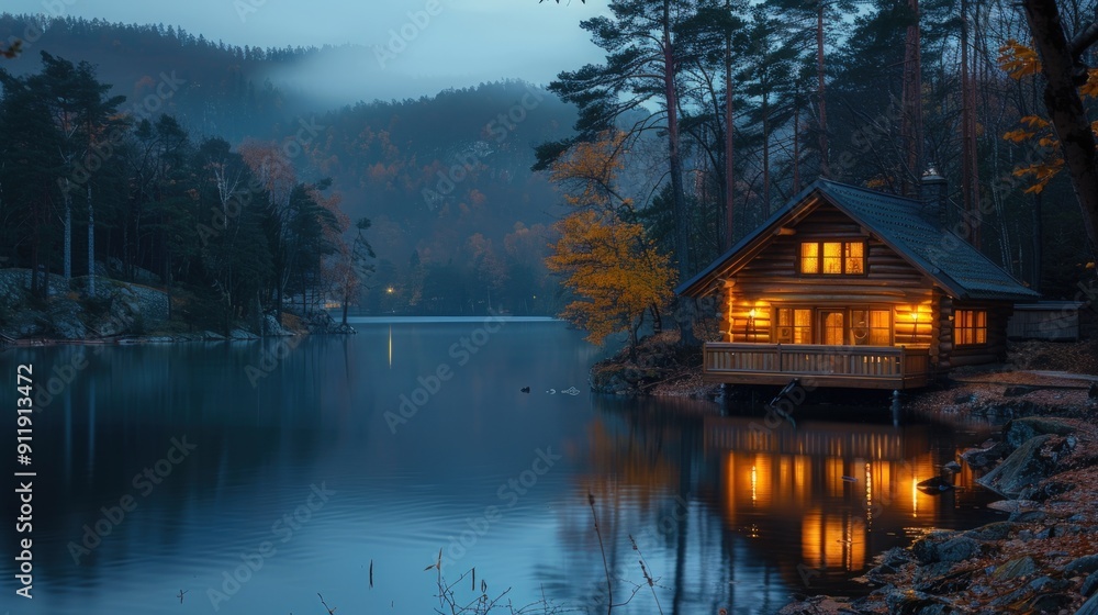 Fototapeta premium A cozy cabin nestled on the edge of a tranquil lake, surrounded by a dense forest.