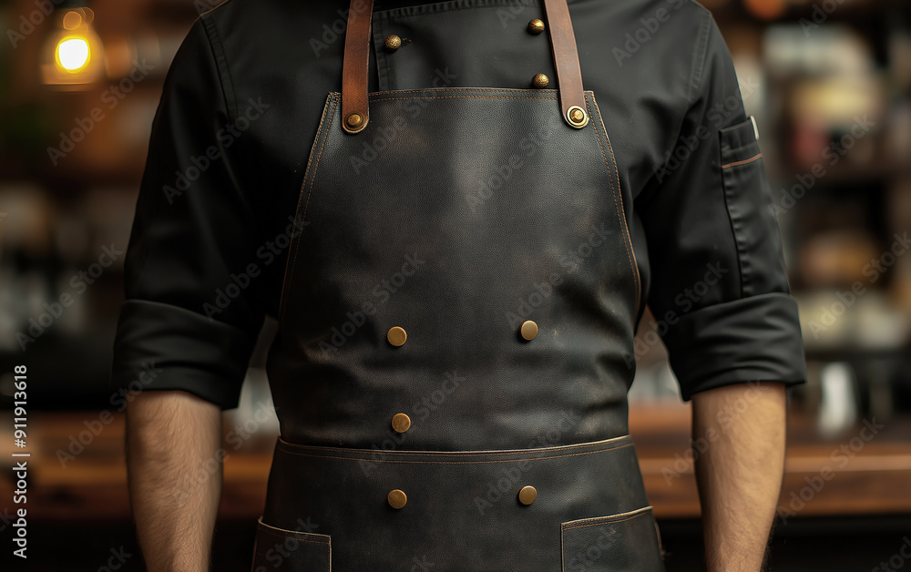 Chef kitchen apron. Chef cook in a uniform, kitchen apron, wearing protective apparel, culinary environment, food service setting, chef in kitchen interior, apron mock-up. Realistic style photo Chef kitchen apron. Chef cook in a uniform, kitchen apron, wearing protective apparel, culinary environment, food service setting, chef in kitchen interior, apron mock-up. Realistic style photo