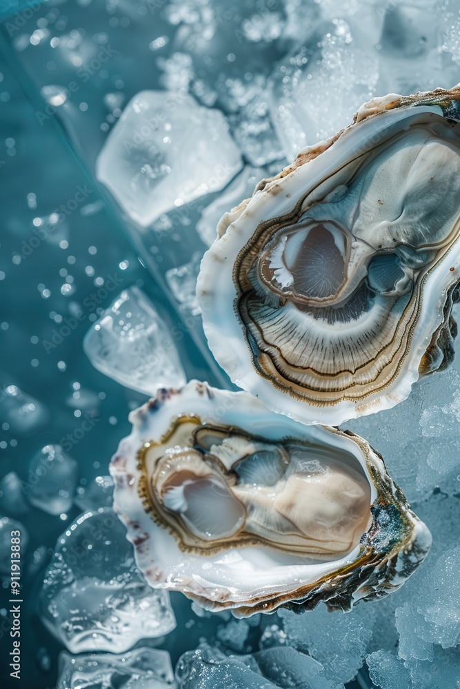 Two delicious oysters on a blue background in ice Two delicious oysters on a blue background in ice