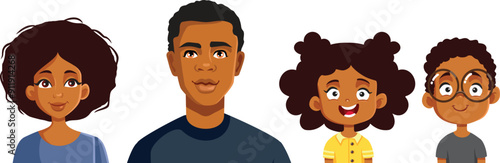 Happy Family of African Descent Vector Cartoon illustration. Cheerful mom, dad and offspring smiling at the camera
