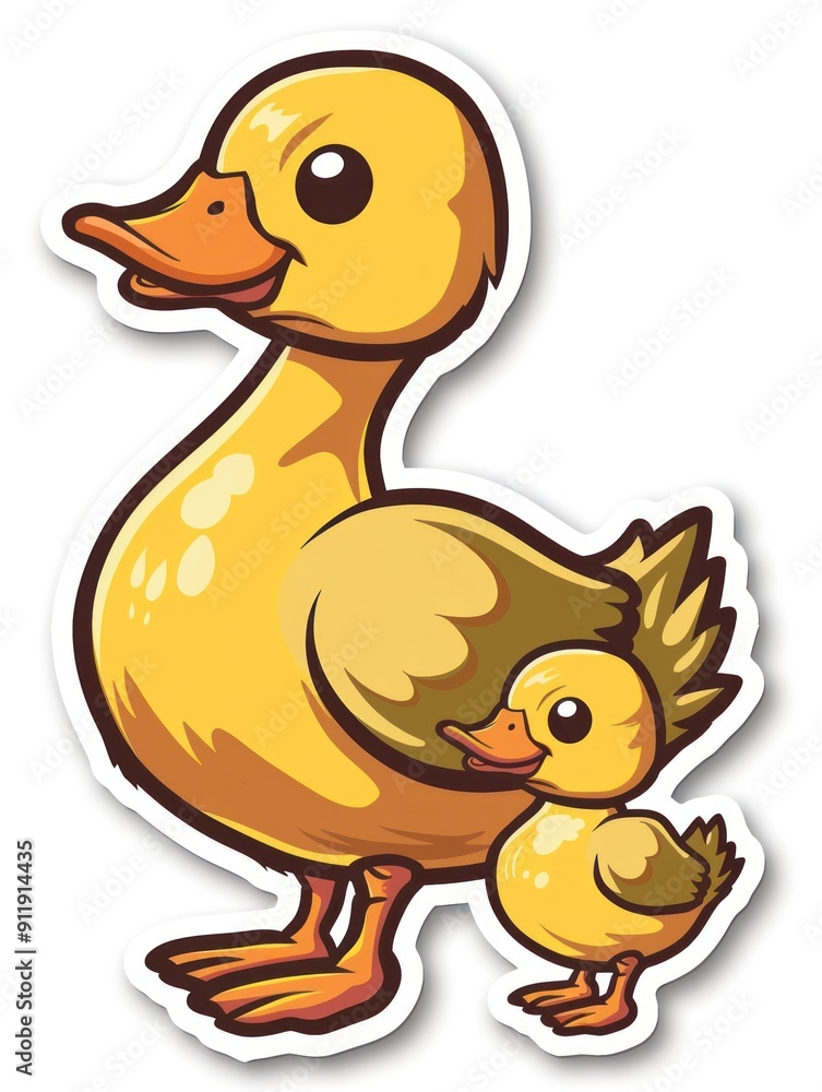 Fototapeta premium Cartoon illustration of a mother duck with a duckling.